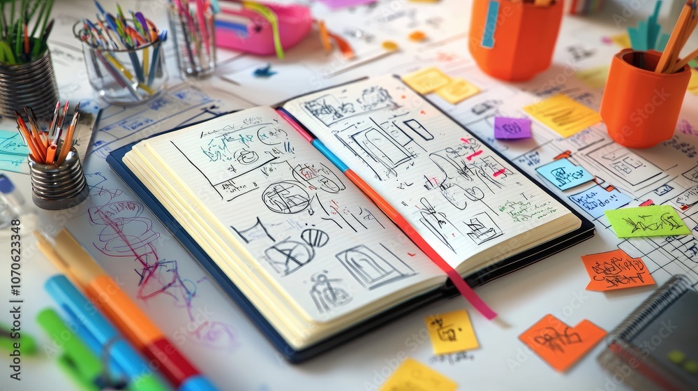 Fototapeta premium A dynamic tabletop scene where an open notebook filled with sketches is flanked by scattered sticky notes and colorful doodles, representing brainstorming ideas.