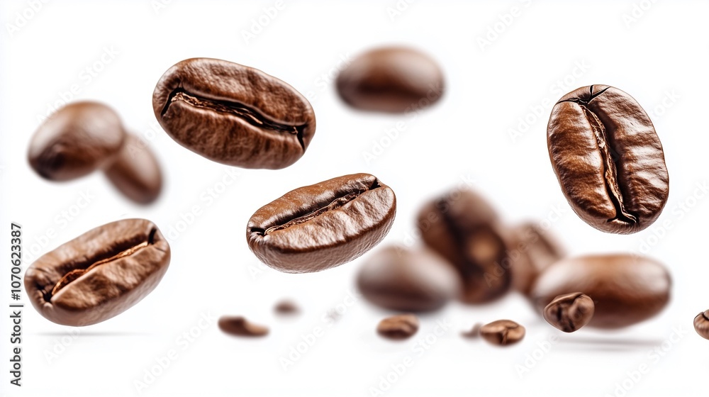 Floating coffee beans isolated on white background, showcasing rich texture and detail, perfect for coffee-related design and advertising concepts. Floating coffee beans isolated on white background, showcasing rich texture and detail, perfect for coffee-related design and advertising concepts.