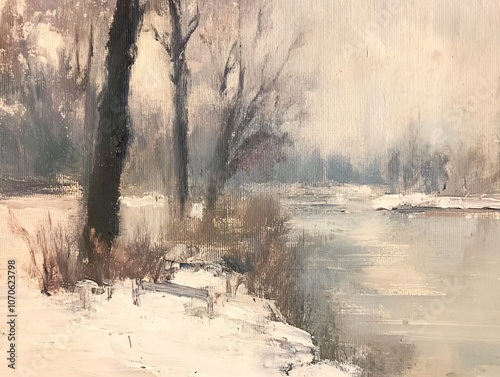 Vintage Oil Painting: Winter Riverside View