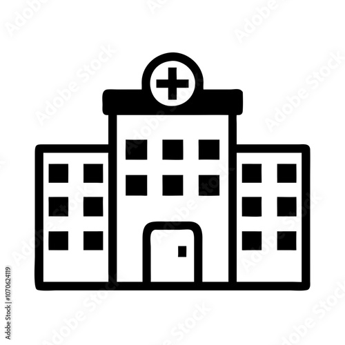 Hospital building icon with a red cross symbol on a white background