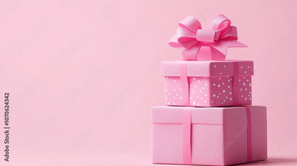 Two stacked pink gift box adorned with bows, set against a soft pink background. Two stacked pink gift box adorned with bows, set against a soft pink background.
