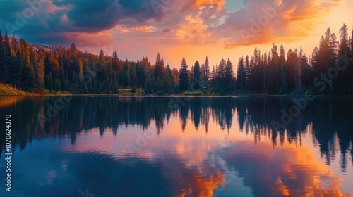 Spectacular sunset over a serene lake with reflections in pristine waters