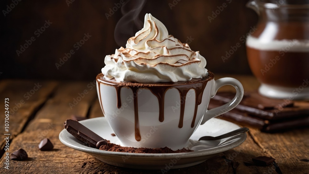 A rich hot chocolate topped with whipped cream, served in a cozy setting. A rich hot chocolate topped with whipped cream, served in a cozy setting.