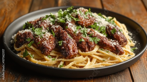 A plate of linguine pasta topped with crispy fried chicken liver, garnished with fresh herbs and a sprinkle of parmesan cheese, arranged on a rustic wooden table