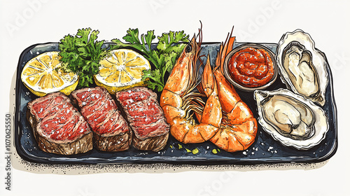 A hand-drawn cartoon of a seafood meal, including steak, shrimp, and oysters. The graphic is cute and colorful, ideal for a food-themed design. photo