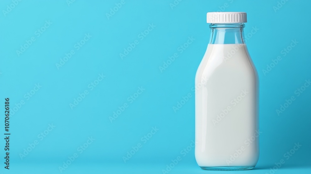 A clear glass bottle filled with white milk against a solid blue background. A clear glass bottle filled with white milk against a solid blue background.