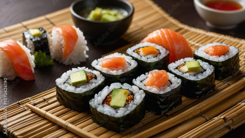 Sushi platter featuring various rolls and sashimi, served on a bamboo mat. Sushi platter featuring various rolls and sashimi, served on a bamboo mat.