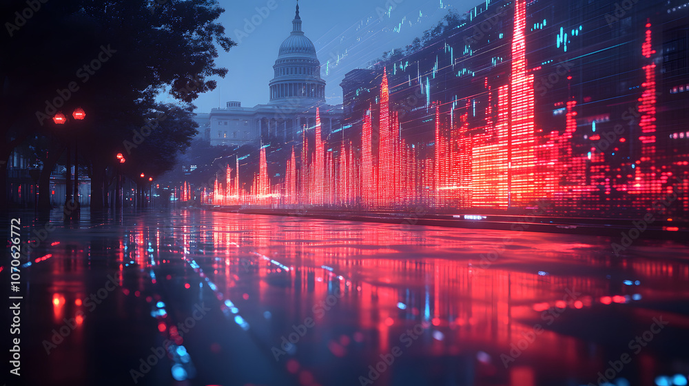 Red and Blue Stock Chart Declining with the White House in the Background, Symbolizing Economic Downturn, Financial Instability, and Political Impact on the Economy in a Powerful Visual Representation Red and Blue Stock Chart Declining with the White House in the Background, Symbolizing Economic Downturn, Financial Instability, and Political Impact on the Economy in a Powerful Visual Representation