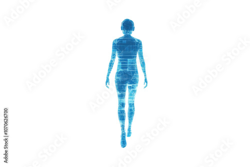 A stylized, blue silhouette of a human figure appears to move forward, showcasing a digital or holographic design. photo