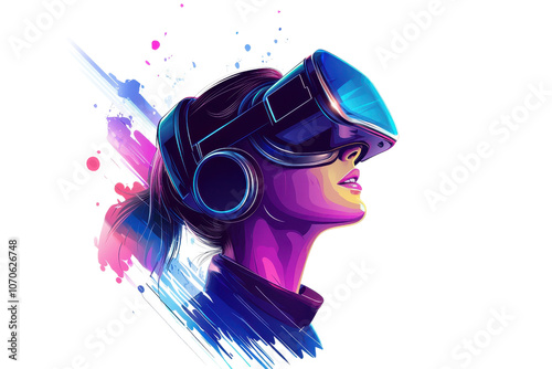 A stylized illustration of a woman wearing virtual reality goggles, her face illuminated with vibrant colors and dynamic splashes. photo