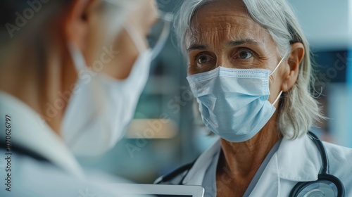 Mature female doctor consulting a patient using a tablet, wearing a mask, in a medical setting. Healthcare professional assisting with checkup and diagnosis