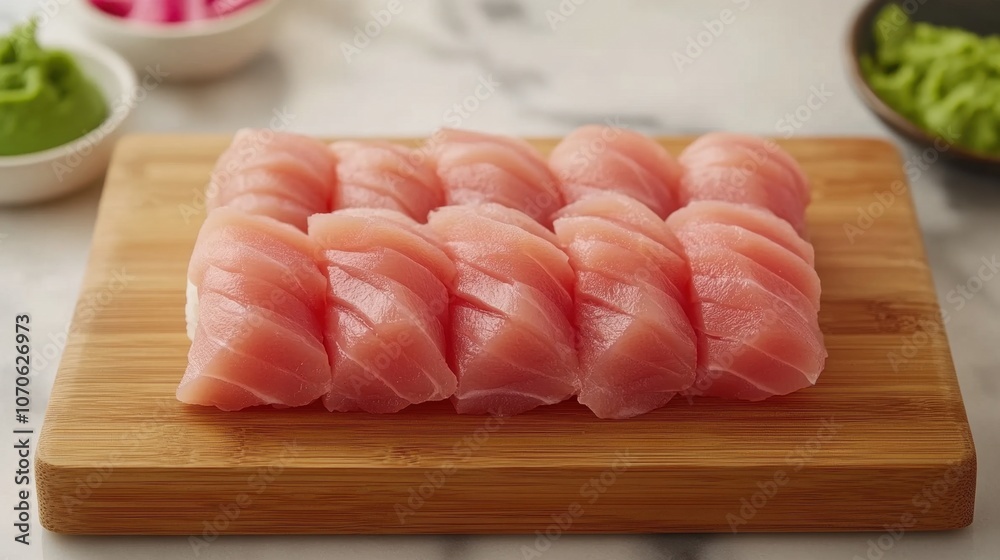 Fresh Sliced Sushi Grade Tuna on Wooden Board