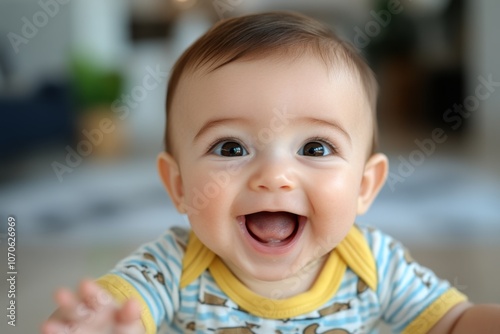 A realistic photo of a baby laughing, with big sparkling eyes and tiny hands reaching out