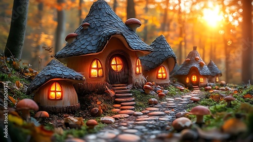 Miniature fairy tale houses with glowing windows nestled among autumn trees and mushrooms on a stone path.