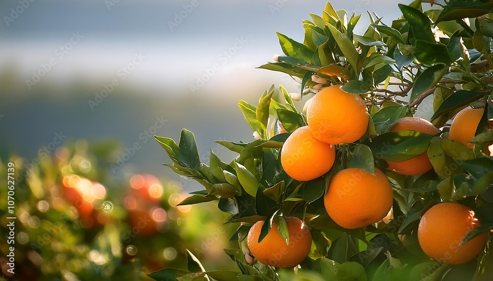 Ripe oranges hang from the branches of a citrus tree in a summer orchard Ripe oranges hang from the branches of a citrus tree in a summer orchard