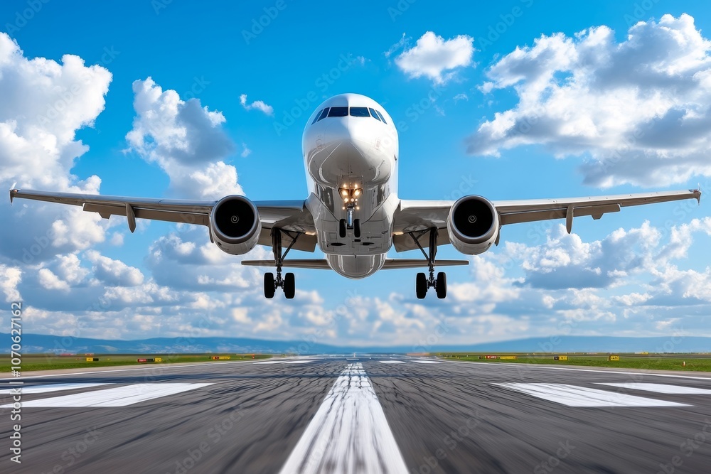 Obraz premium A realistic view of a plane taking off from a runway with dramatic motion blur and clear blue sky