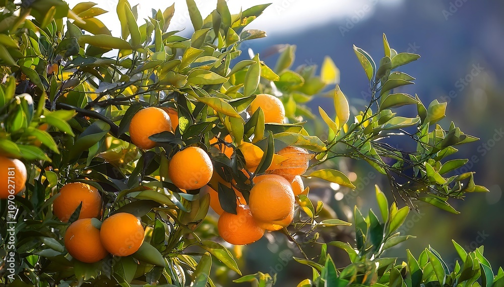 Ripe oranges hang from the branches of a citrus tree in a summer orchard Ripe oranges hang from the branches of a citrus tree in a summer orchard