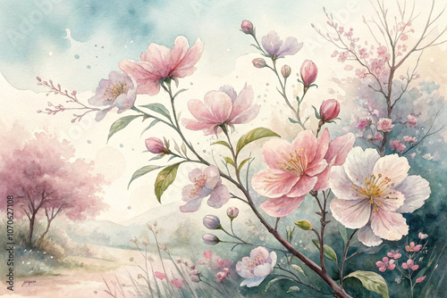 Pink watercolor flowers seamless pattern transparent background