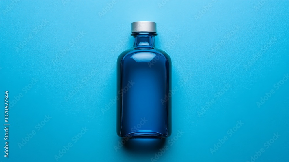 A blue bottle with a silver cap on a solid blue background, suggesting a drink or container. A blue bottle with a silver cap on a solid blue background, suggesting a drink or container.