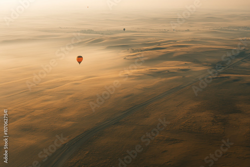 Landscape view of meadow land with balloon on the sky, Aerial view of floating balloon in the sky with mountain range view.