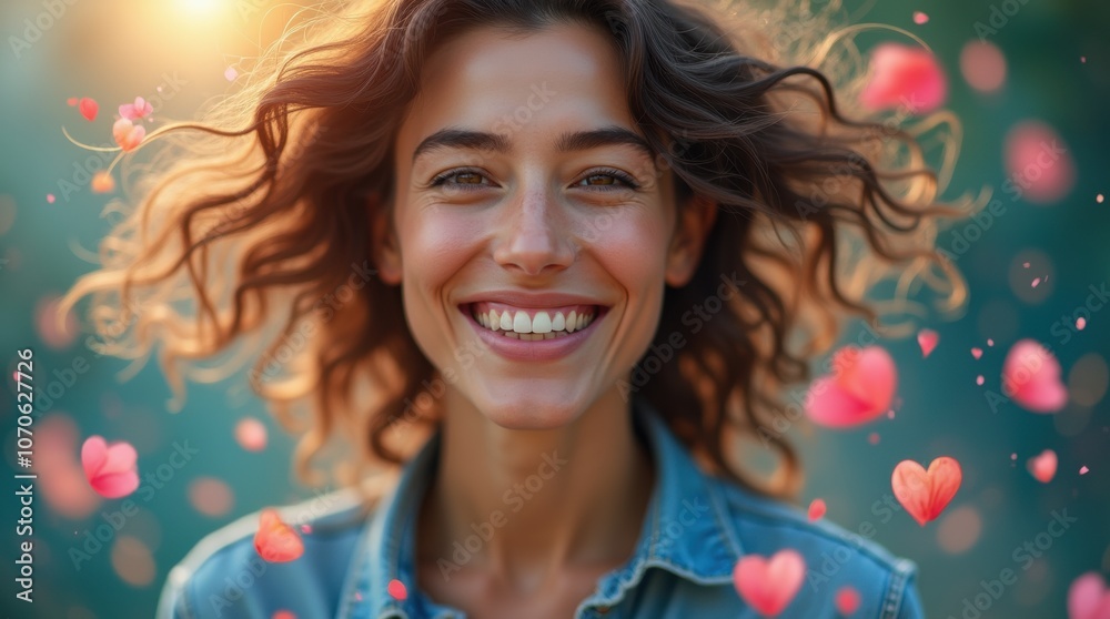 Happy Woman with Beautiful Smile and Healthy Hair in Spring Happy Woman with Beautiful Smile and Healthy Hair in Spring