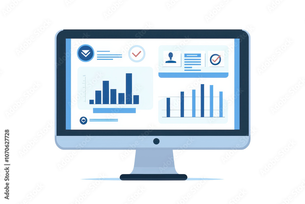 A modern computer monitor displaying various data charts and metrics. A modern computer monitor displaying various data charts and metrics.