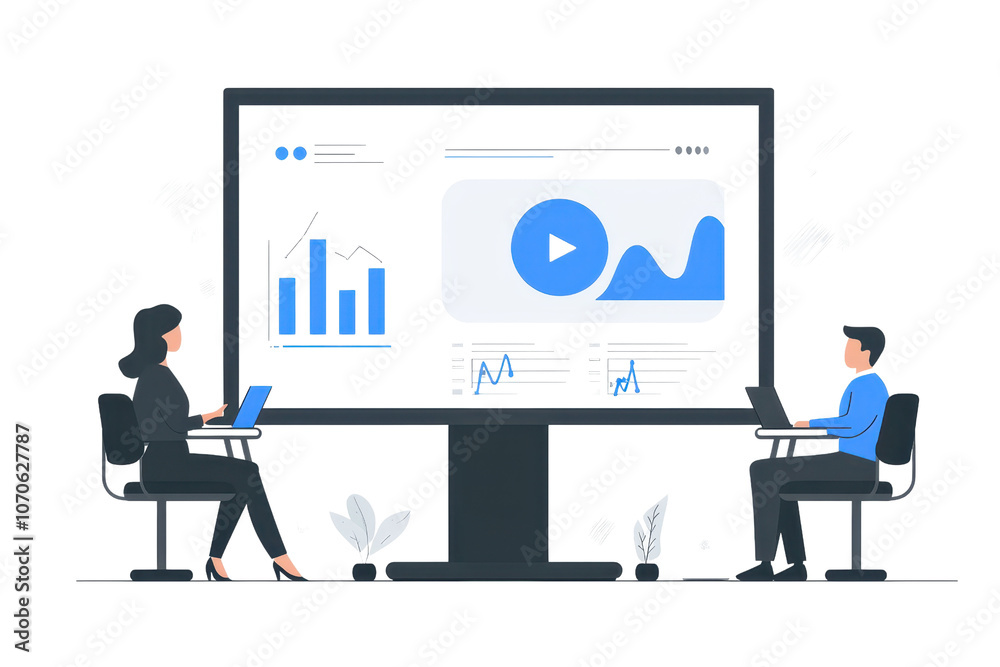 Fototapeta premium Two individuals engage in a collaborative meeting in front of a large screen displaying analytics and multimedia content.