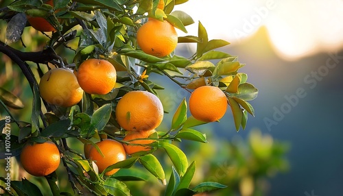 Ripe oranges hang from the branches of a citrus tree in a summer orchard