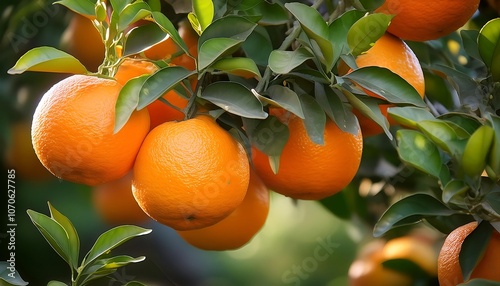 Ripe oranges hang from the branches of a citrus tree in a summer orchard