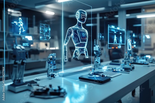 A futuristic lab setting with holographic displays of AI models and tech designs, representing the forefront of modern creativity in science and technology. photo