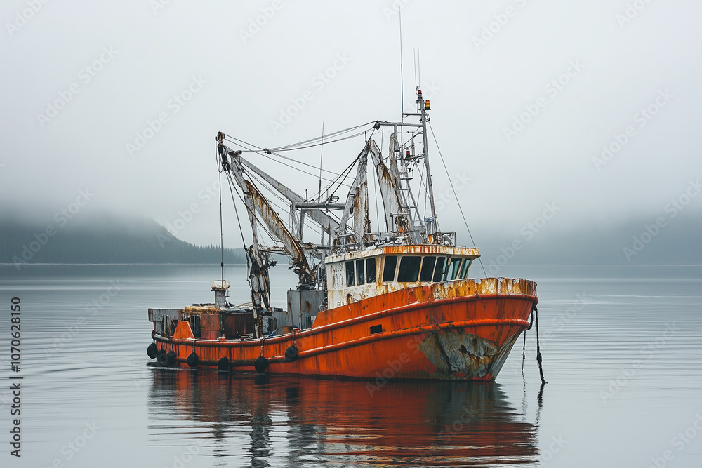 Selective focus fisherman boat with fishing net on boat, Trawler with trawl in local sea, Old fishing boat with rusty on the water.