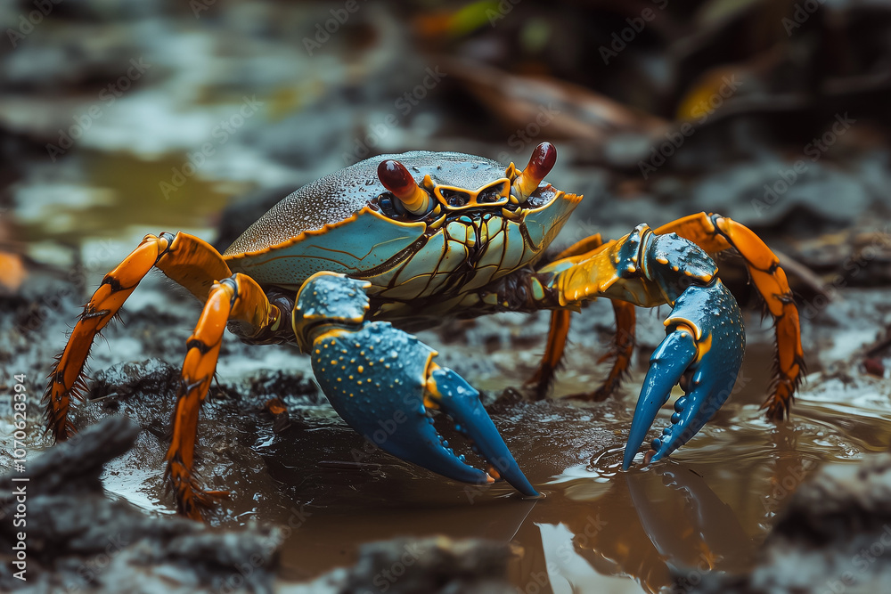 Selective focus mud crab in mangrove forest, Close up shot crab in crab hole. Selective focus mud crab in mangrove forest, Close up shot crab in crab hole.