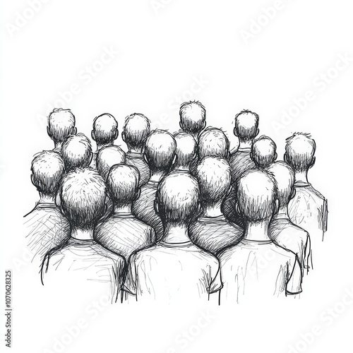 Group of people standing closely, drawn in a sketch style on a white background.