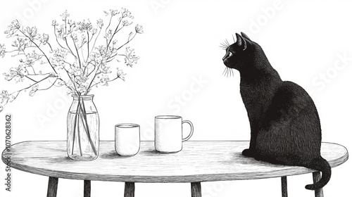 A dining table in the living room with a bottle of flowers, cat, tea set, mug, vintage, line art simple minimalist vector graphic illustration.