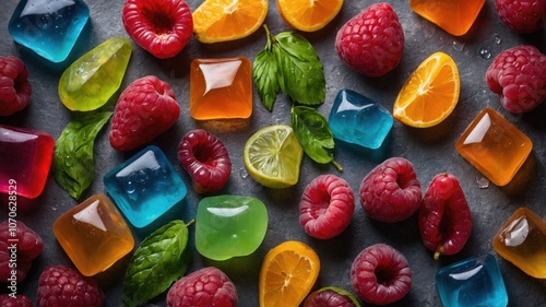 A vibrant arrangement of fruits and colorful gelatin desserts on a textured surface.