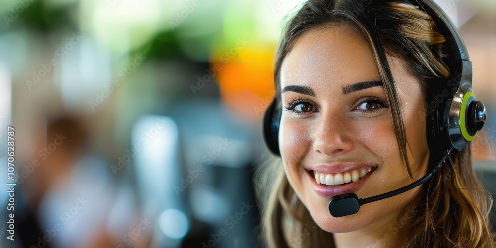 Portrait of a cheerful customer service representative in a call center, offering support and advice while engaging in CRM communication