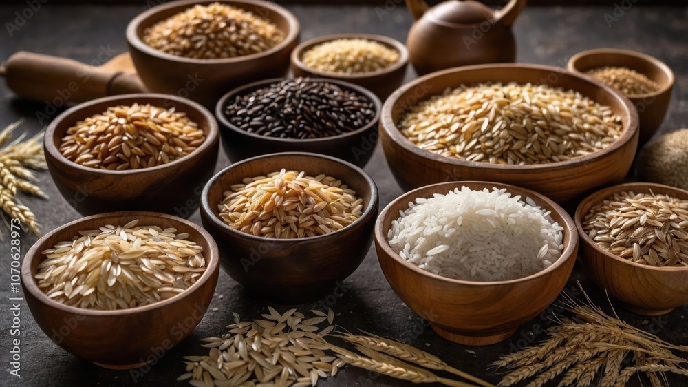 A variety of grains displayed in wooden bowls, emphasizing diversity in food ingredients. A variety of grains displayed in wooden bowls, emphasizing diversity in food ingredients.