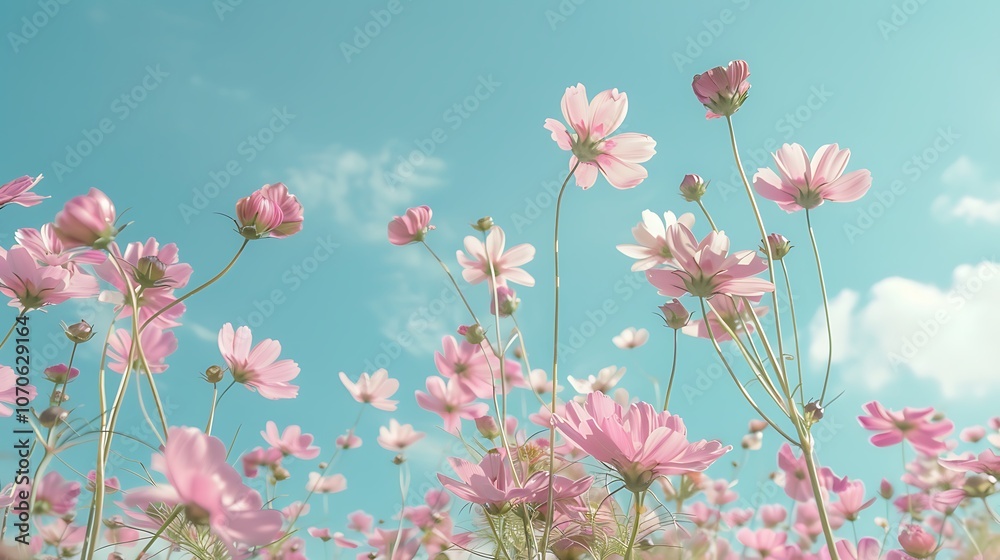 Naklejka premium Rows of delicate pink cosmos flowers swaying gently in the breeze against a backdrop of a brilliant blue sky