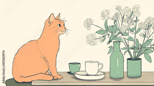 A dining table in the living room with a bottle of flowers, cat, tea set, mug, vintage, line art simple minimalist vector graphic illustration.