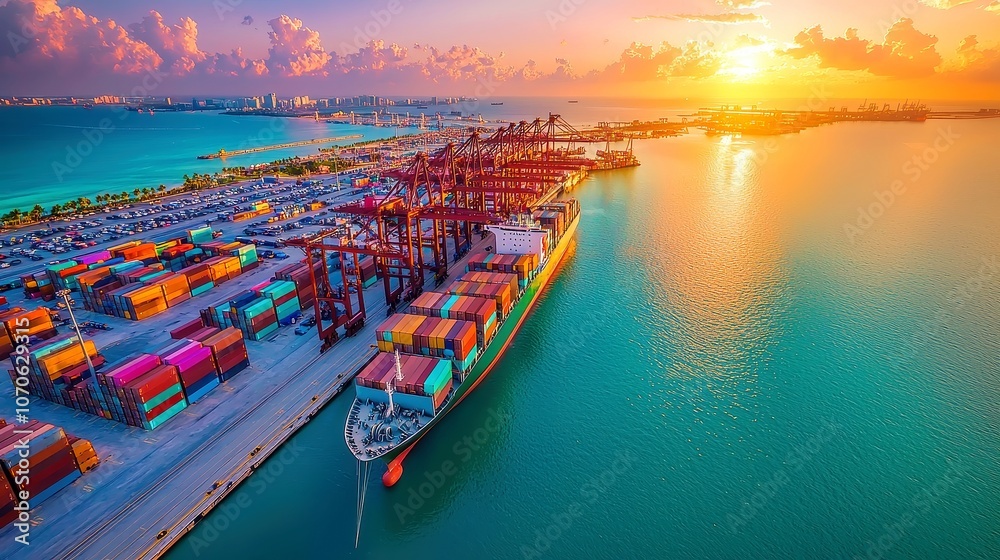 Obraz premium Aerial view of Port Miami showcasing container ship along the wharf, port infrastructure, cranes, parking lots, and vibrant multi-colored containers.