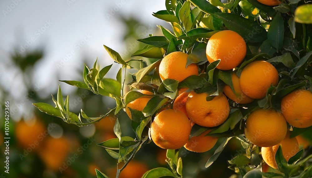 Ripe oranges hang from the branches of a citrus tree in a summer orchard Ripe oranges hang from the branches of a citrus tree in a summer orchard