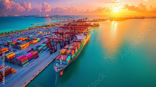 Aerial view of Port Miami showcasing container ship along the wharf, port infrastructure, cranes, parking lots, and vibrant multi-colored containers.