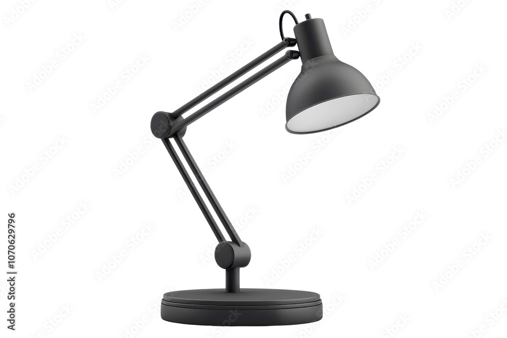 A sleek desk lamp with an adjustable arm and a circular base, designed for focused lighting. A sleek desk lamp with an adjustable arm and a circular base, designed for focused lighting.