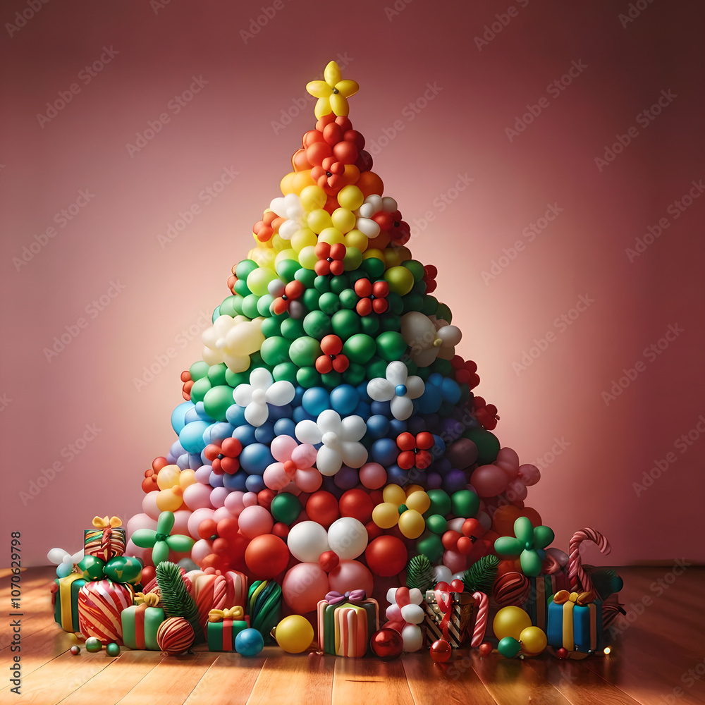Árbol navideño hecho de puros globos, colorido y decorado con detalles de globoflexia. Árbol navideño hecho de puros globos, colorido y decorado con detalles de globoflexia.