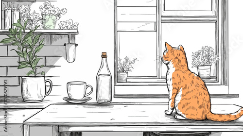 A dining table in the living room with a bottle of flowers, cat, tea set, mug, vintage, line art simple minimalist vector graphic illustration.