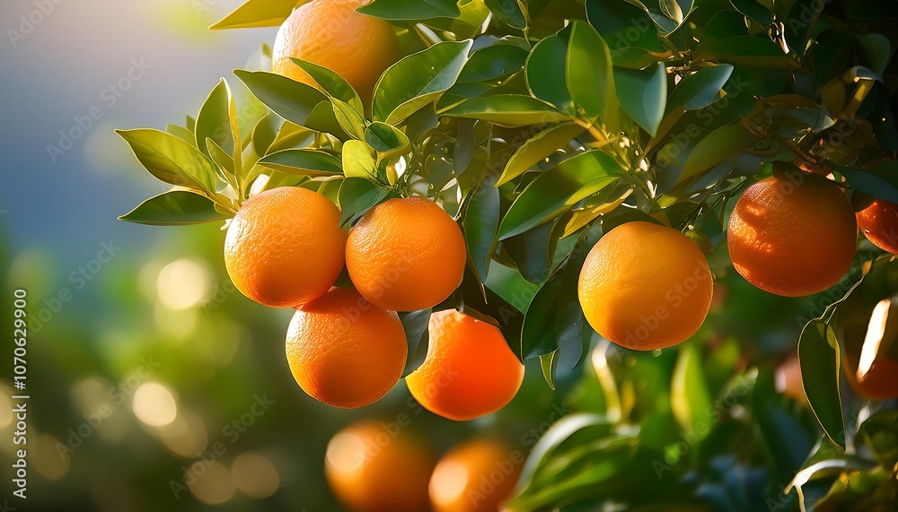 Ripe oranges hang from the branches of a citrus tree in a summer orchard Ripe oranges hang from the branches of a citrus tree in a summer orchard