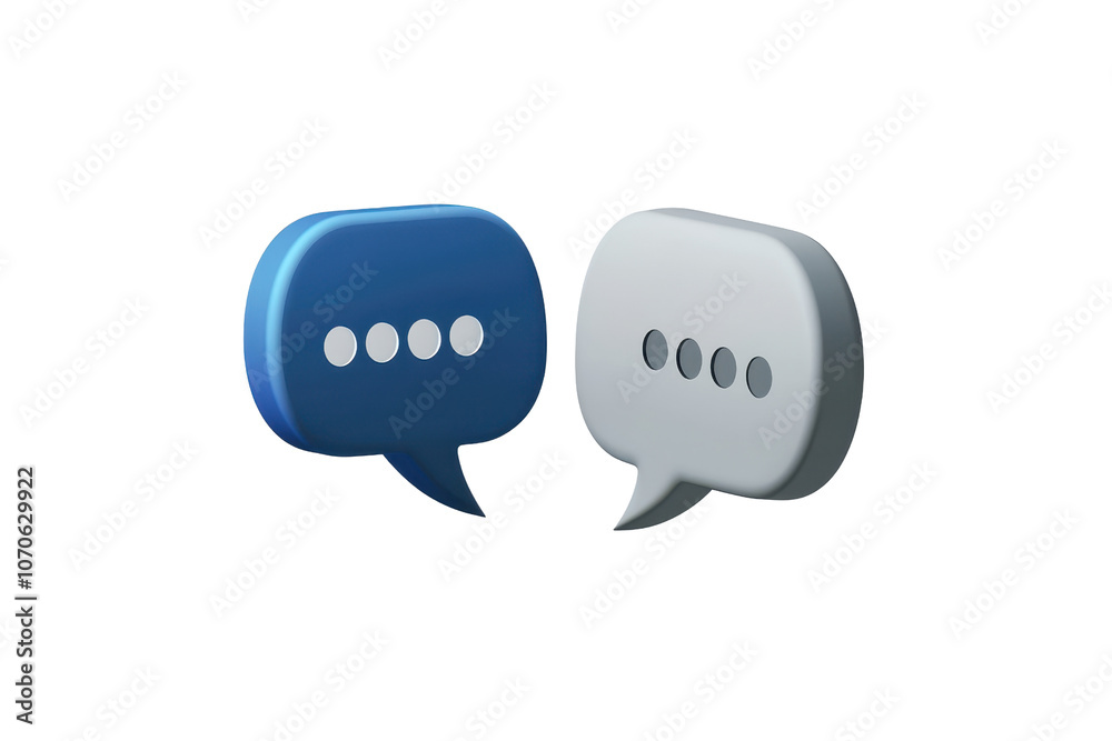Two speech bubbles in blue and gray, featuring three dots inside each, symbolizing conversation or messaging. Two speech bubbles in blue and gray, featuring three dots inside each, symbolizing conversation or messaging.