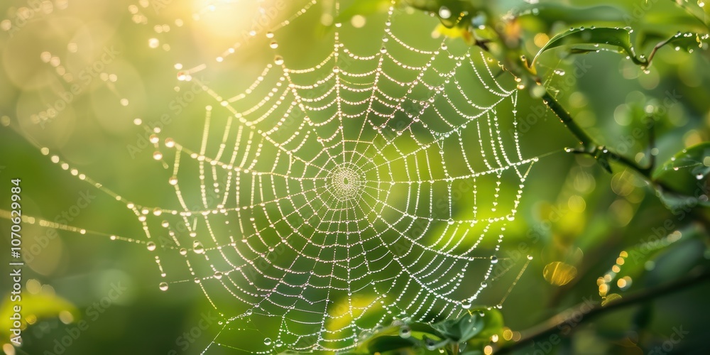 Closeup of a dew drop with a spider on its web amidst foliage, highlighting themes of ecology, sustainability, and wildlife in a garden setting during summer