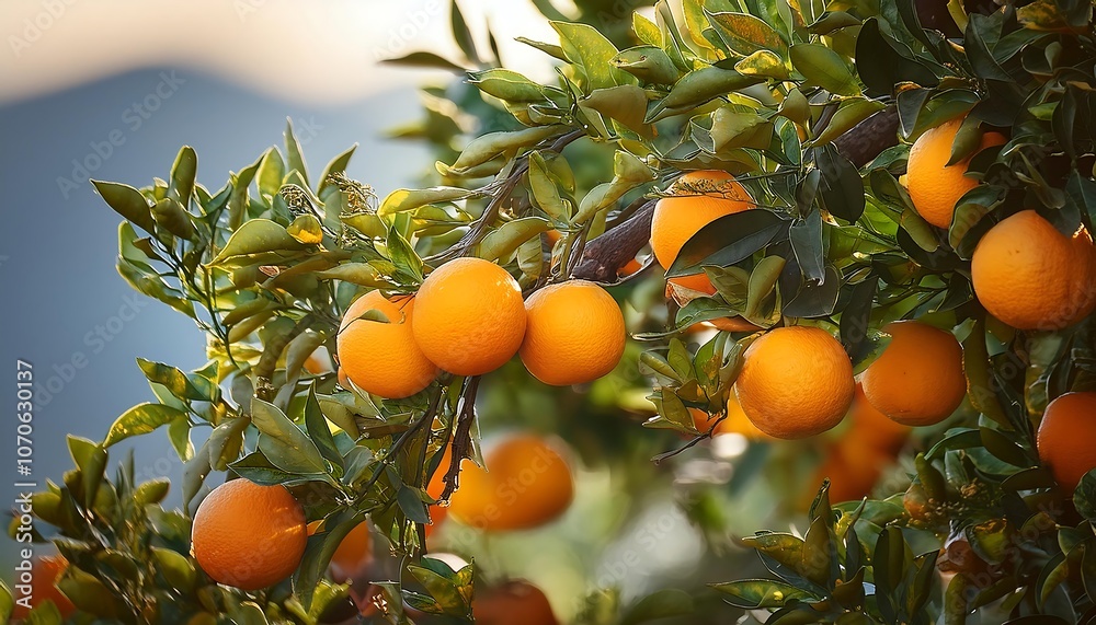 Ripe oranges hang from the branches of a citrus tree in a summer orchard Ripe oranges hang from the branches of a citrus tree in a summer orchard