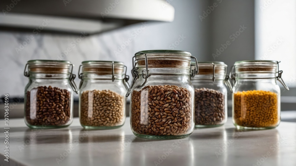 Jars filled with various grains displayed on a kitchen countertop. Jars filled with various grains displayed on a kitchen countertop.